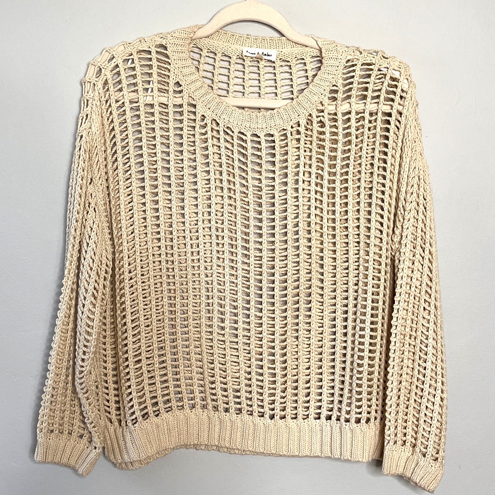 Aaron &‎ Amber Crochet Long Sleeve Sweater M Beige Neutral Boho Chic Cottagecore - Picture 3 of 10